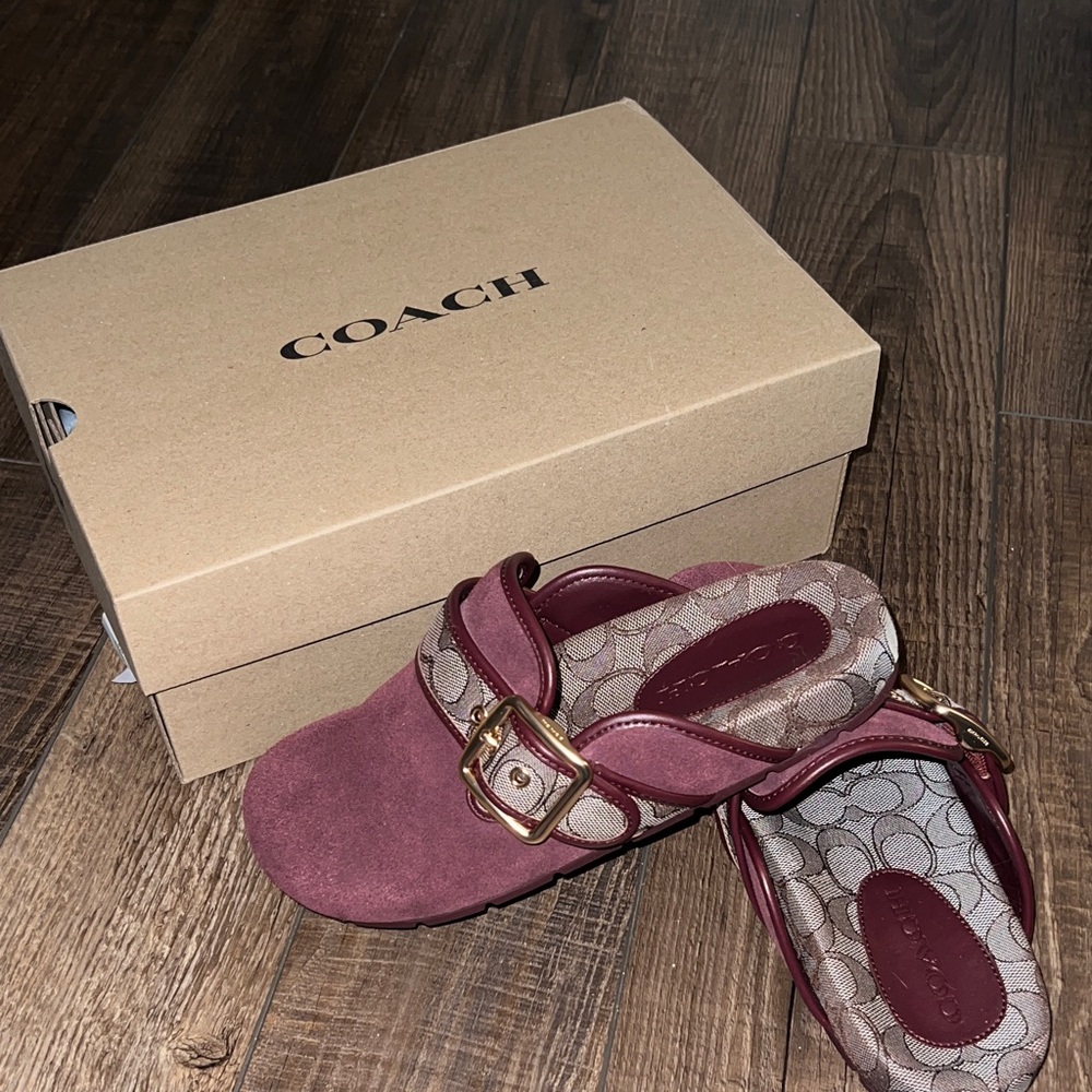 Coach Women's Maroon Mules with Gold Buckle NEW IN BOX NEVER WORN